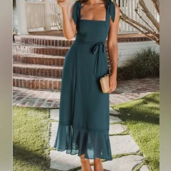NWT Show Me Your Mumu Claire Midi Dress - Emerald Chiffon, Size Large, Wedding - Picture 3 of 16